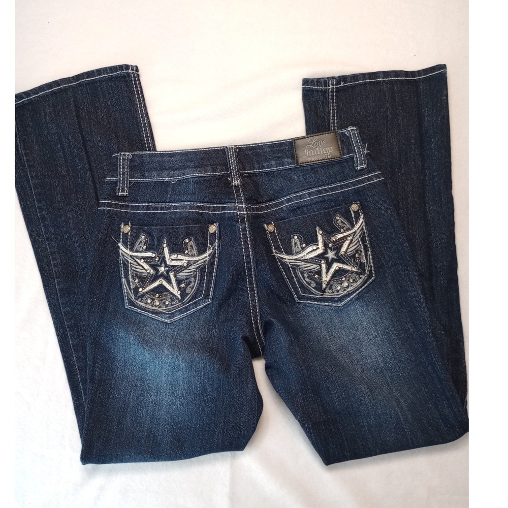 Love Indigo Bootcut Jeans Womens 4P Dark Wash Embroidered Star Wing Pockets